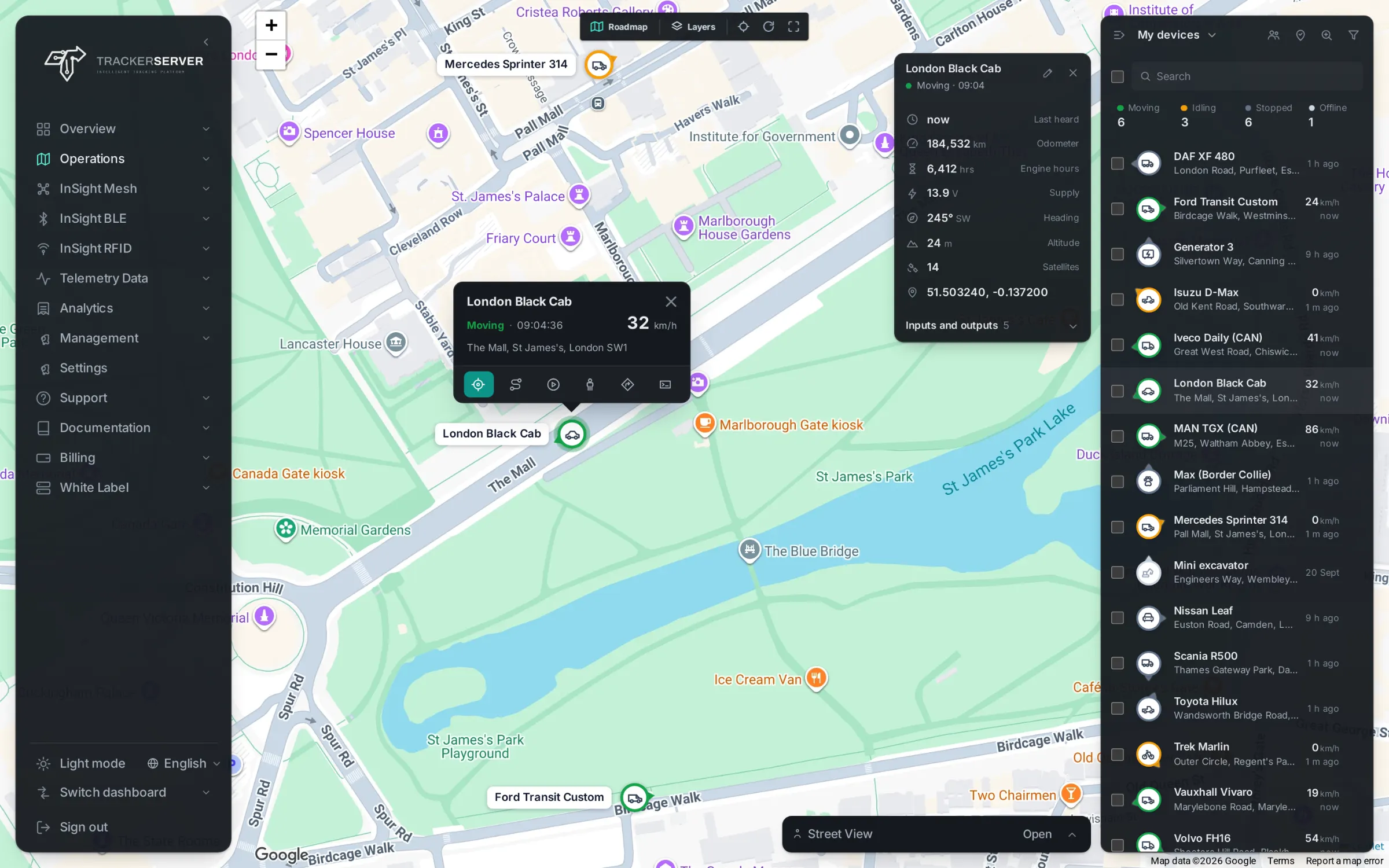 The Trackerserver live map over central London, with a vehicle selected